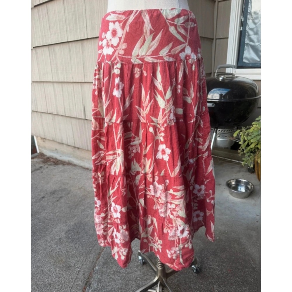 Chaps Denim Red Floral Tiered Midi Skirt Women Medium Boho Elastic Waist